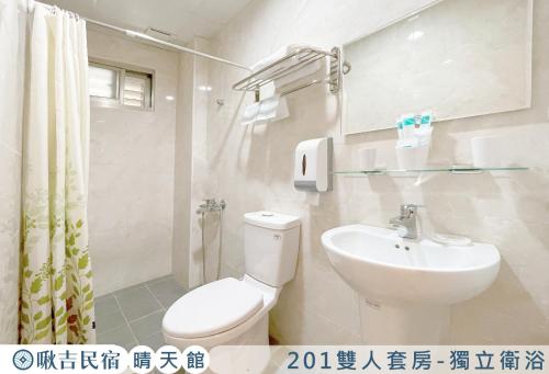 uma casa de banho com um WC branco e um lavatório. em 啾吉民宿晴天館 em Wujie