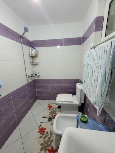 RazëmにあるVila 86のトイレが2つあり、紫と白のタイルが敷かれたバスルーム