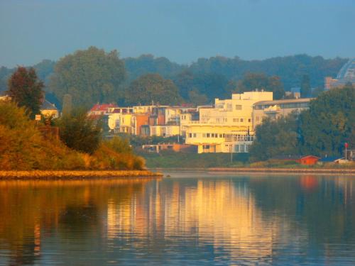 um grupo de edifícios ao lado de uma massa de água em Drijfpaleis em Arnhem