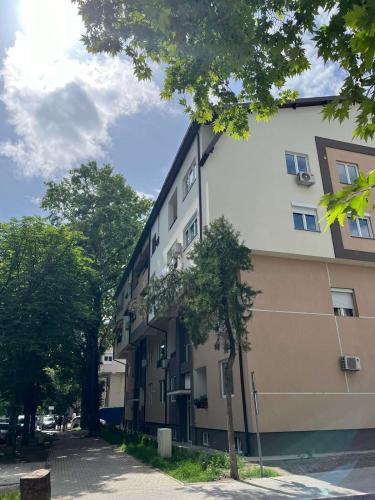 a building with a tree in front of it at Maksim Apartments Skopje in Skopje