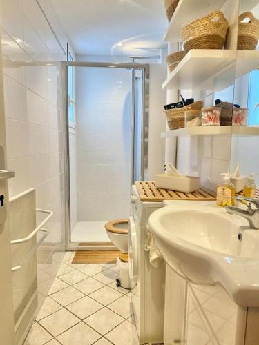 une salle de bain avec toilettes, lavabo et douche dans l'établissement Cannes appartement 1 chambre - Victoriam, à Cannes