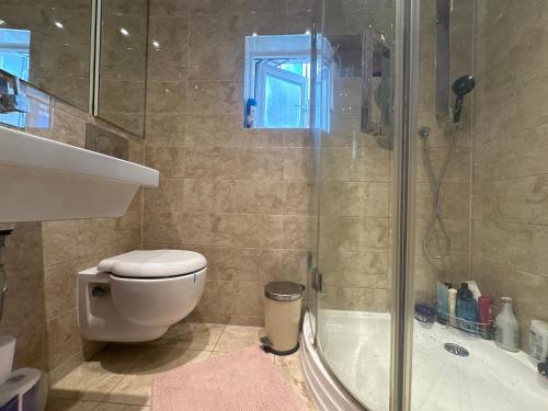 a bathroom with a shower and a toilet and a tub at A lovely guest room in West London in London