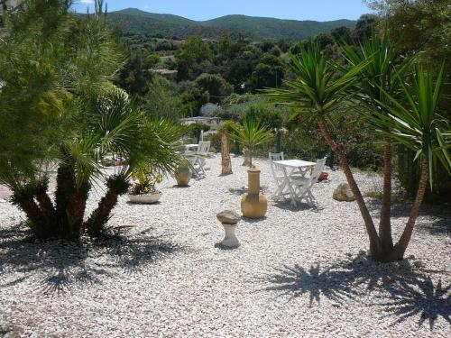 a garden with palm trees and a table and chairs at Villa Agnese in Badesi