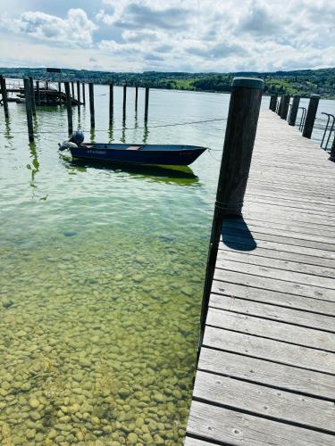 a boat sitting on the water next to a dock at Lakefront View Entire Apartment with 2 bedrooms, 2 full bathrooms & Balcony Waterview in Reichenau