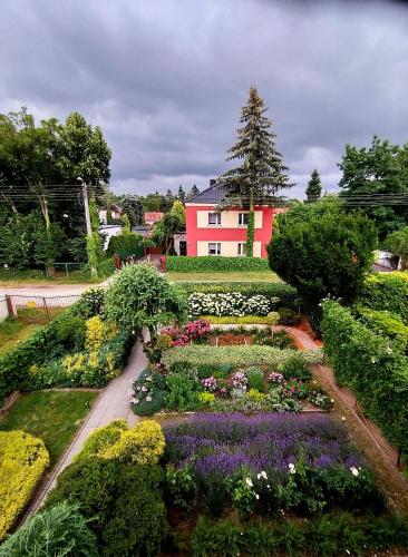 a garden with flowers and a pink house in the background at Puszczykowska willa in Puszczykowo