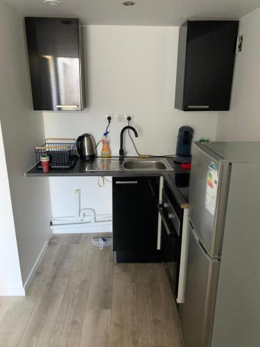 une petite cuisine avec un évier et un réfrigérateur dans l'établissement Jolie 2 pièces avec terrasse jusqu'à 5 personnes Nancy centre, à Nancy