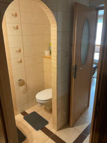 a bathroom with a toilet and an arch doorway at Jezioranka in Skorochów
