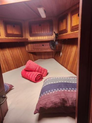 een kleine kamer met een bed in een boot bij Sail boat in Bocas del Toro in Carenero