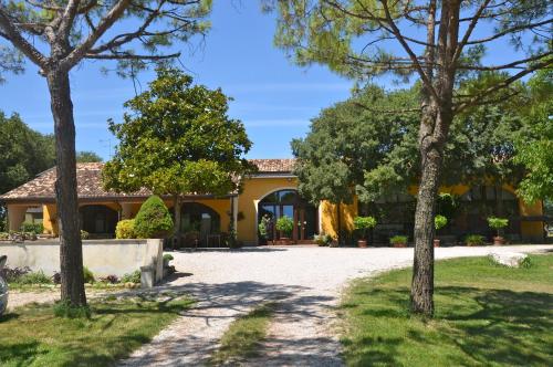 ポンティ・スル・ミンチョにあるAgriturismo La Montinaの目の前の木々が茂る黄色い家