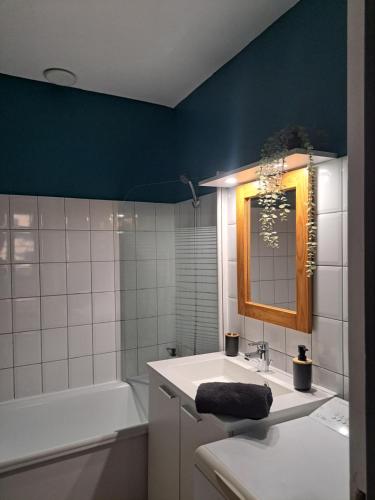 W łazience znajduje się umywalka, wanna i lustro. w obiekcie T2 Proche du port, zone piétonne w mieście Tulon