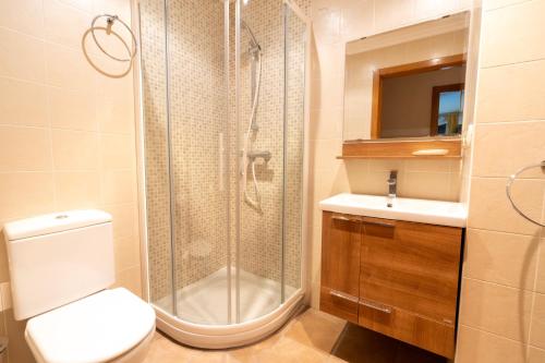 een badkamer met een douche, een toilet en een wastafel bij Ondartxo II - ONGI ETORRI in Zumaia
