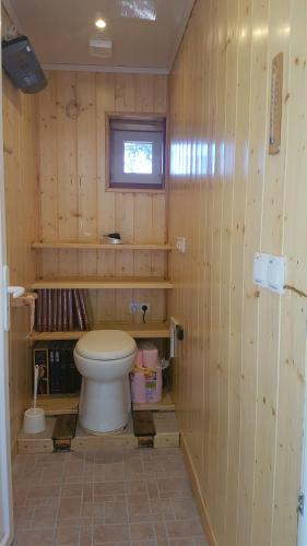 La salle de bains est pourvue de toilettes et d'un mur en bois. dans l'établissement Paisible Chalet, à Largentière