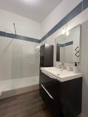 une salle de bain avec un lavabo, une baignoire et un miroir dans l'établissement Gîte du manège - Domainepona, à Croissy-Beaubourg