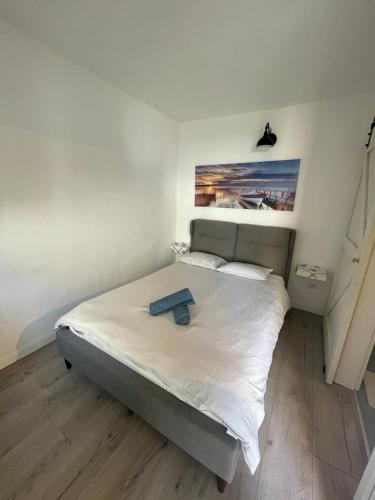 Un dormitorio con una cama con un objeto azul. en Maremi, en Timisoara
