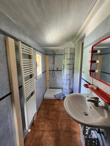 een badkamer met een wastafel en een douche bij Contea del Piano in Piteglio