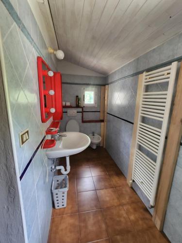 a small bathroom with a sink and a toilet at Contea del Piano in Piteglio