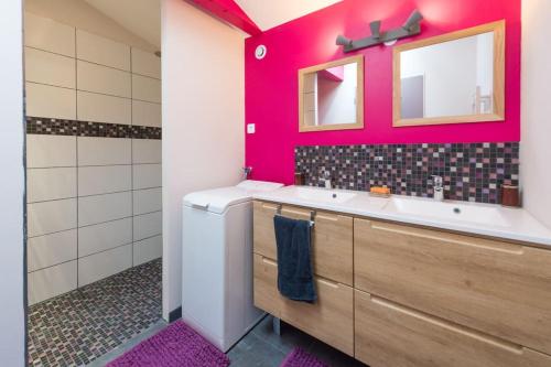 une salle de bain avec un lavabo et un miroir dans l'établissement Maison aux portes du marais, à Courçon