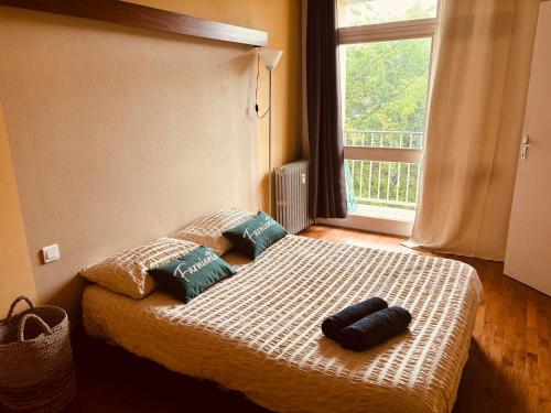 - une chambre avec un lit avec deux oreillers et une fenêtre dans l'établissement Appart. BAILA, proche de Bordeaux et St Emilion, à Libourne