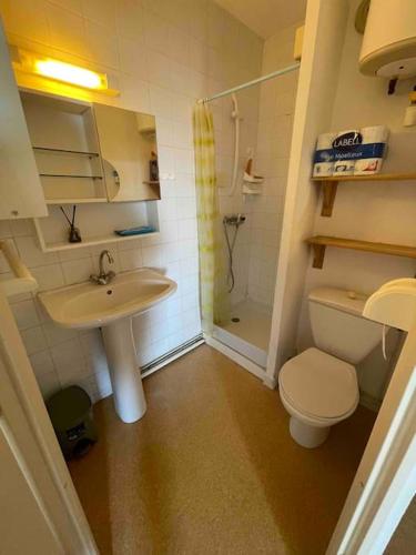 une petite salle de bain avec toilettes et lavabo dans l'établissement Appartement Port Leucate, à Leucate
