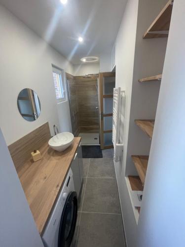 a bathroom with a sink and a washing machine at Séjourner chez Mina in Lille