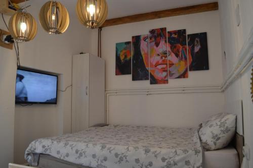 a bedroom with a bed and paintings on the wall at Studio Mini Lux in Požarevac
