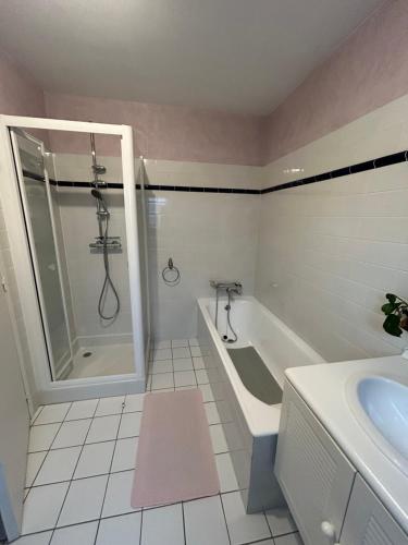 a bathroom with a shower and a tub and a sink at Charmante maison proche des 24h du Mans in Le Mans