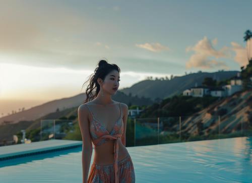 una mujer en bikini parada junto a una piscina en Genuss Tam Dao - Hideaway Retreats, en Tam Ðảo