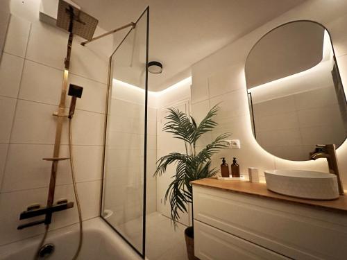a bathroom with a sink and a mirror at Ambient lounge with sundeck and free parking in Bratislava
