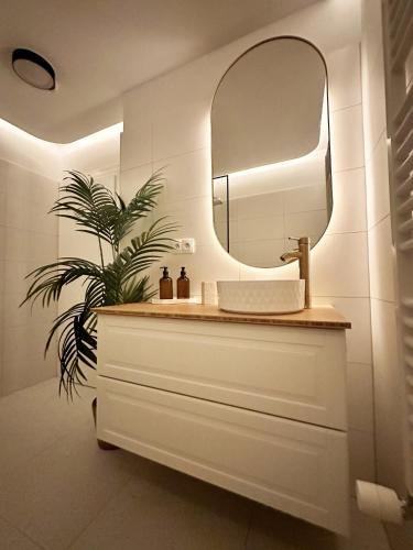 a bathroom with a sink and a mirror at Ambient lounge with sundeck and free parking in Bratislava