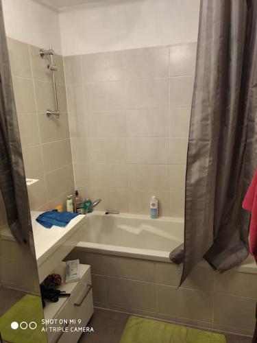 une salle de bain avec baignoire et douche dans l'établissement Superbe rez de jardin à 10 minutes des plages, à Châteauneuf-les-Martigues