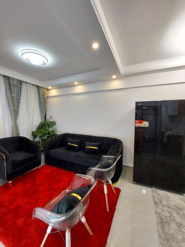 Luxury Apartment Lavington في Mutomo: غرفة معيشة مع أريكة سوداء وسجادة حمراء