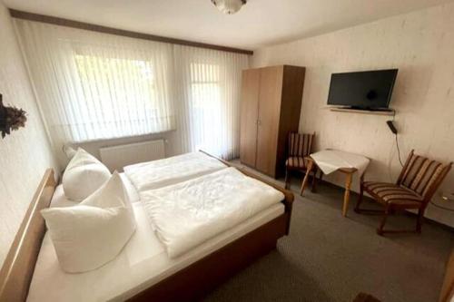 a bedroom with a bed and a table and a television at Haus PANORAMA - Appartement Auszeit 3 in Braunlage