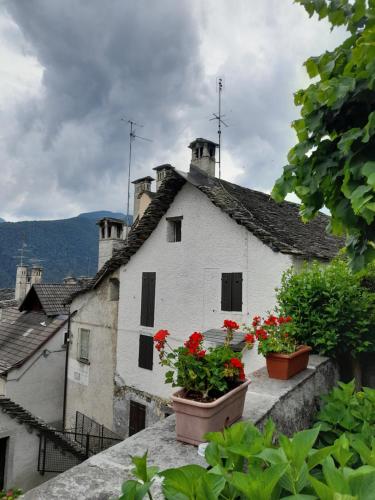 a white house with red flowers on the balcony at Casa delle rose in Craveggia