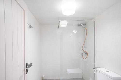 a white bathroom with a shower and a toilet at Militiko in Himare