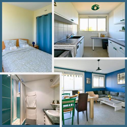 un collage de quatre photos d'une cuisine et d'une pièce dans l'établissement La Belle Etape * Puy du Fou * Proche Commerces, à Cholet