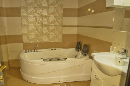 a bathroom with a bath tub and a sink at Ambasador in Valea Lupului