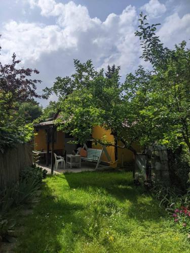 a yard with a yellow house with a tree at Charming Vacation House in Belgrade
