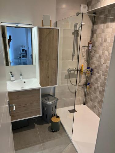 une salle de bain avec un lavabo et une douche dans l'établissement Le coteau du verger, à Sulniac