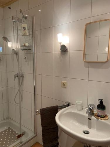 uma casa de banho branca com um chuveiro e um lavatório. em Gartenzimmer zwischen den Meeren em Ladelund