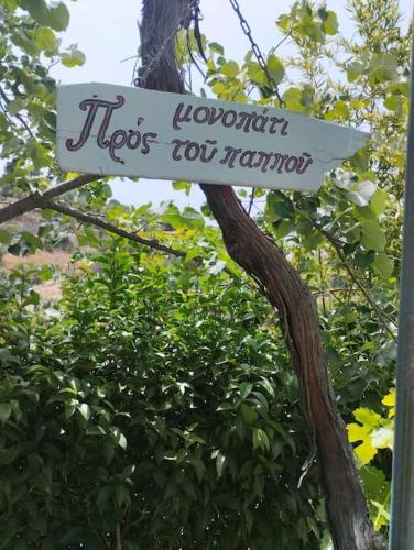 a sign that reads hops for roma on a tree at Kato Alonia Home in Áno Váthia