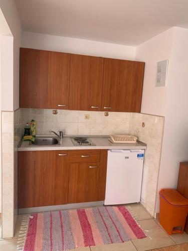 a kitchen with wooden cabinets and a sink and a dishwasher at Apartment Villa Ana in Opatija