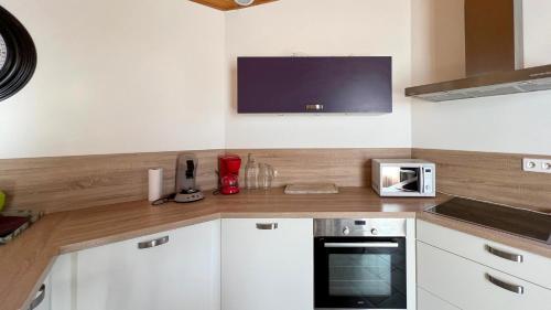 a kitchen with a counter with a tv on the wall at L'Intermède & En toute amitié - Les Gites de l'Argile in Faucon-de-Barcelonnette