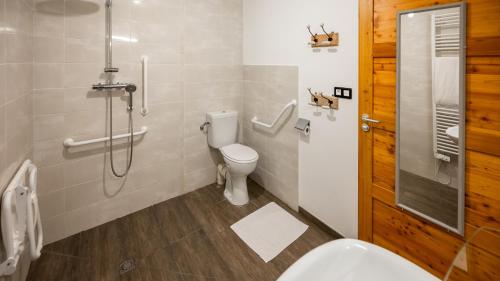 a bathroom with a shower and a toilet and a sink at L'Intermède & En toute amitié - Les Gites de l'Argile in Faucon-de-Barcelonnette