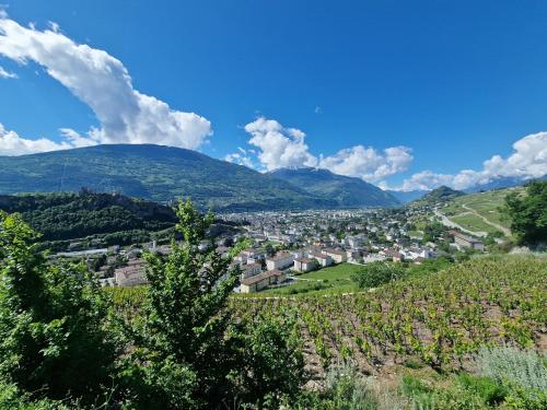 a town on a hill with mountains in the background at Bella Flocon appartements min 2 Nights Special weekly and monthly prices in Savièse
