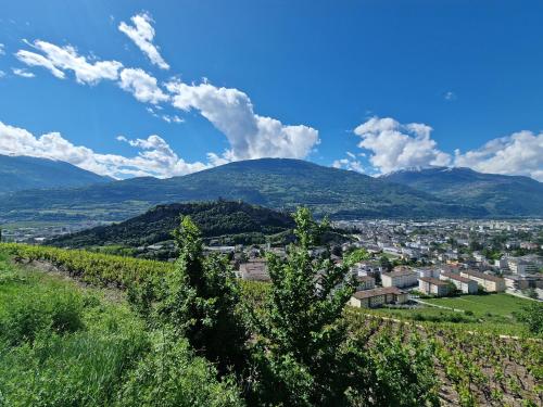 a view of a town in a valley with mountains at Bella Flocon appartements min 2 Nights Special weekly and monthly prices in Savièse