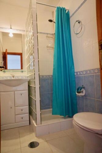 a bathroom with a blue shower curtain and a toilet at Ocean View in Carvoeiro