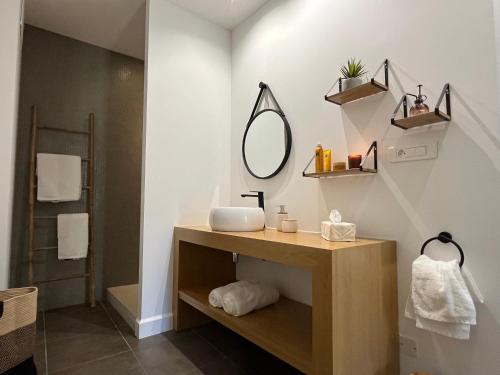 a bathroom with a sink and a mirror at Les Gîtes de Monte Blanco - Chambres d'hôtes et gîtes in Montblanc