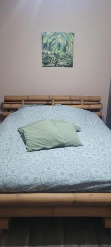 łóżko z dwoma poduszkami na górze w obiekcie Le cocon de sofalia w mieście Courcelles