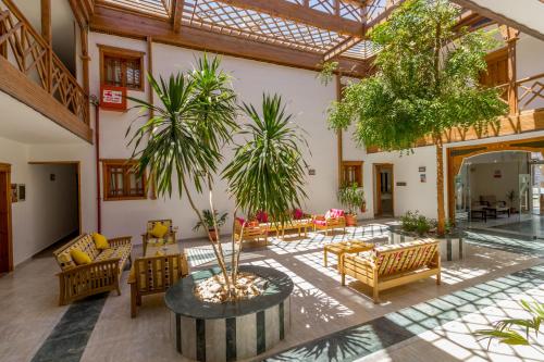 a courtyard with furniture and trees in a building at Acacia Dahab Hotel in Dahab