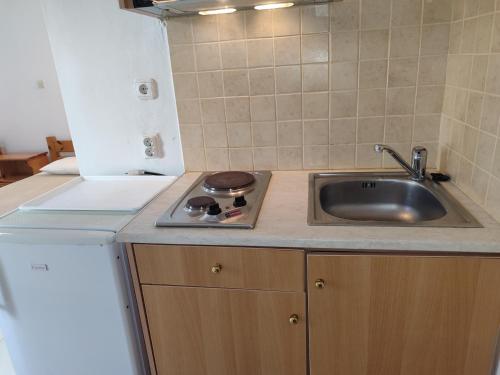 un bancone della cucina con lavandino e piano cottura di Elena Rooms a Ayios Nikitas